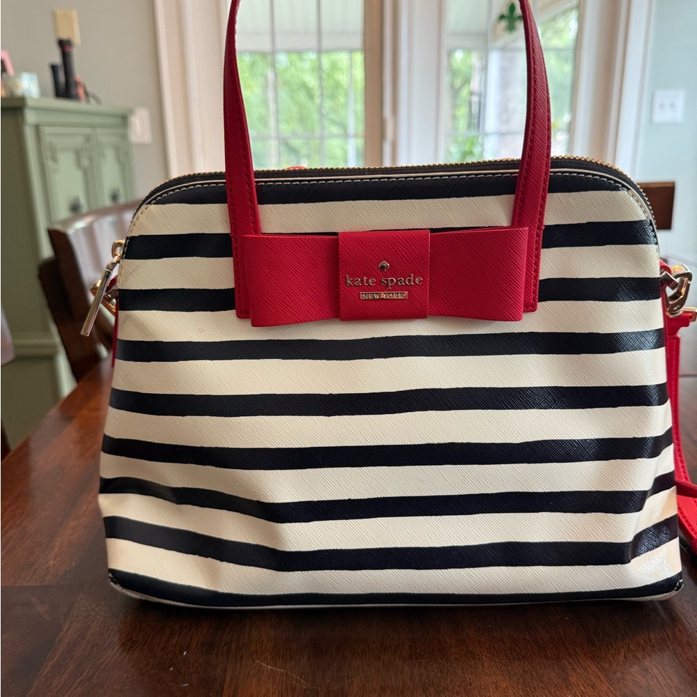 Kate Spade Black and White Striped Satchel with Red Accents - Picture 2 of 8